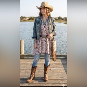 Pink Floral Long Sleeve Women's Empire Waist Romantic Ethereal Dress Sz Medium